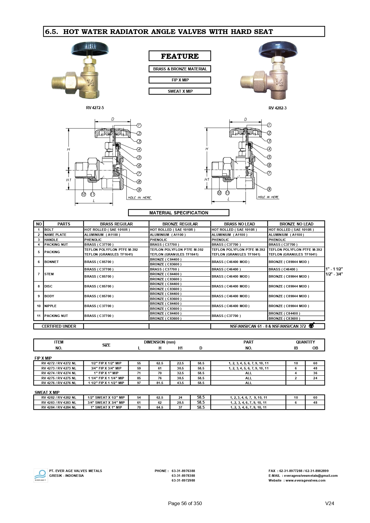 HOT WATER RADIATOR ANGLE VALVES WITH HARD SEAT - RV 4272 - 4276 - RV 4282 - 4284