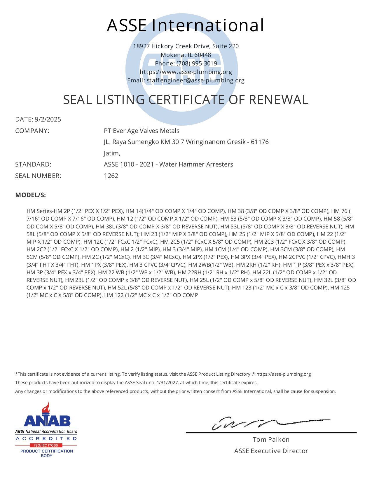 ASSE SEAL 1262 CERT 20270131